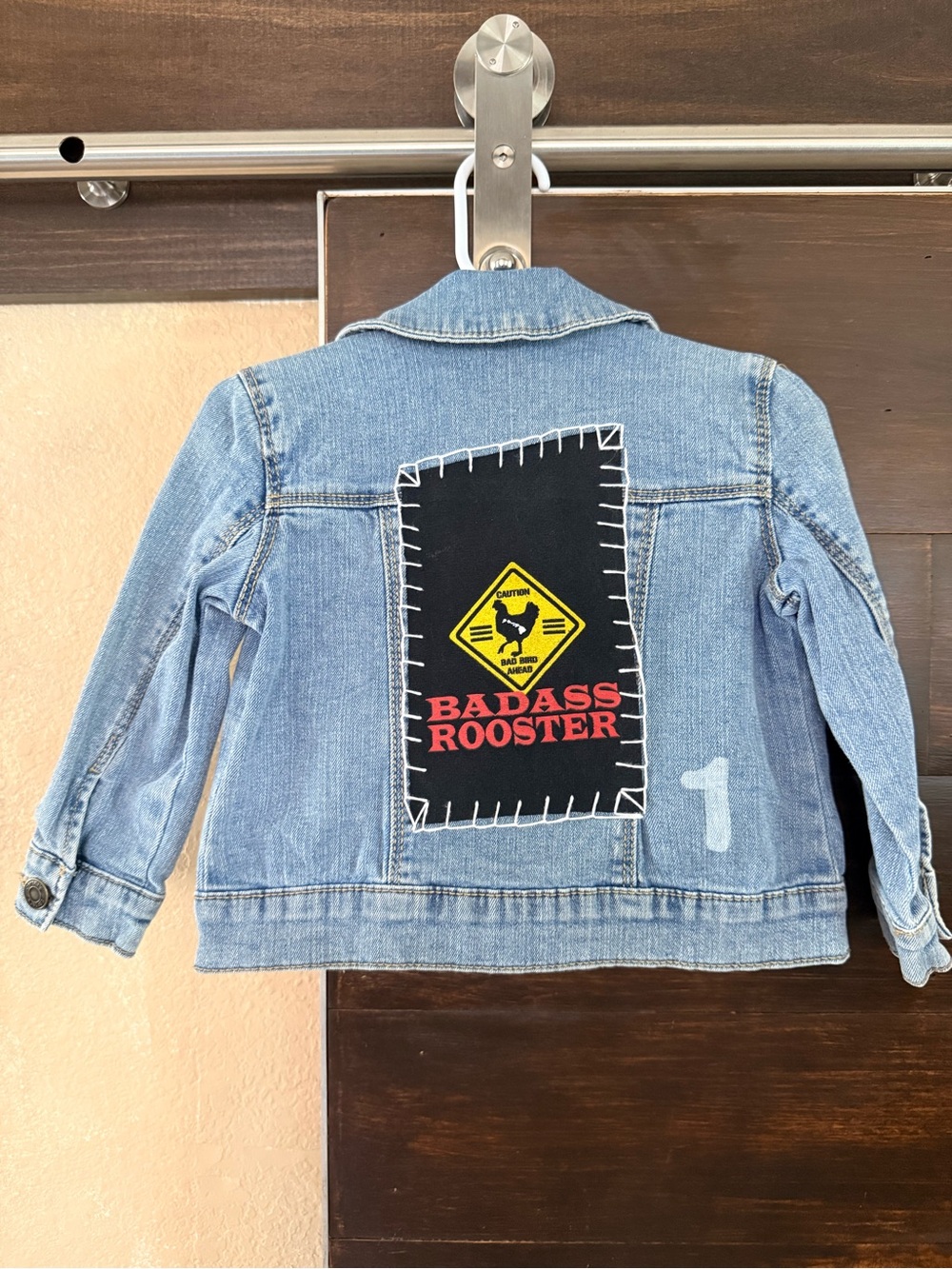 Upcycled Badass Hawaiian Rooster Distressed Denim Jacket Size 2T